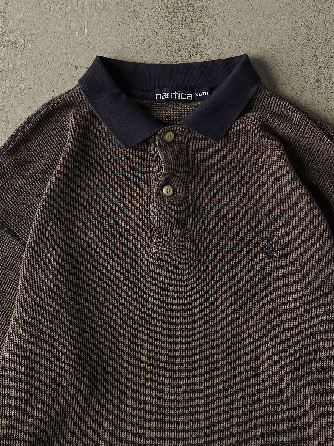 Vintage 90s Brown Nautica Quarter Button Thermal Long Sleeve (XL) - Image 2
