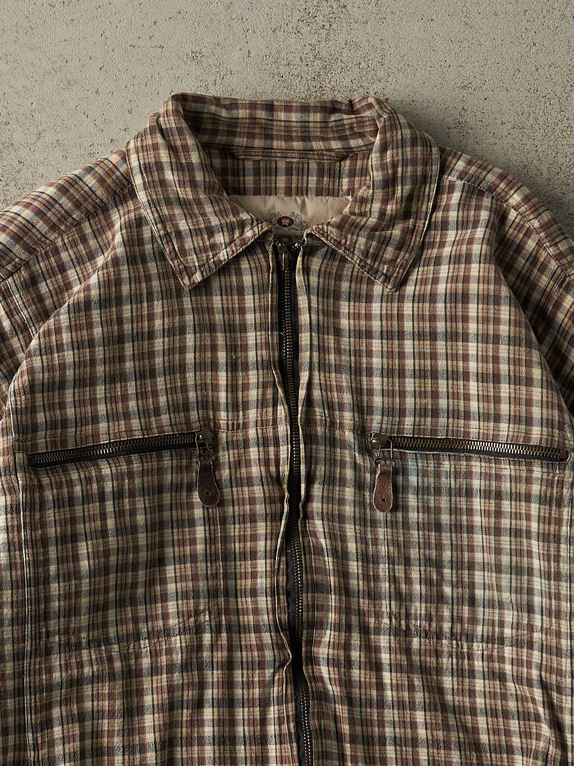 Vintage 90s Brown Plaid Zip Up Work Jacket (L) - Image 2