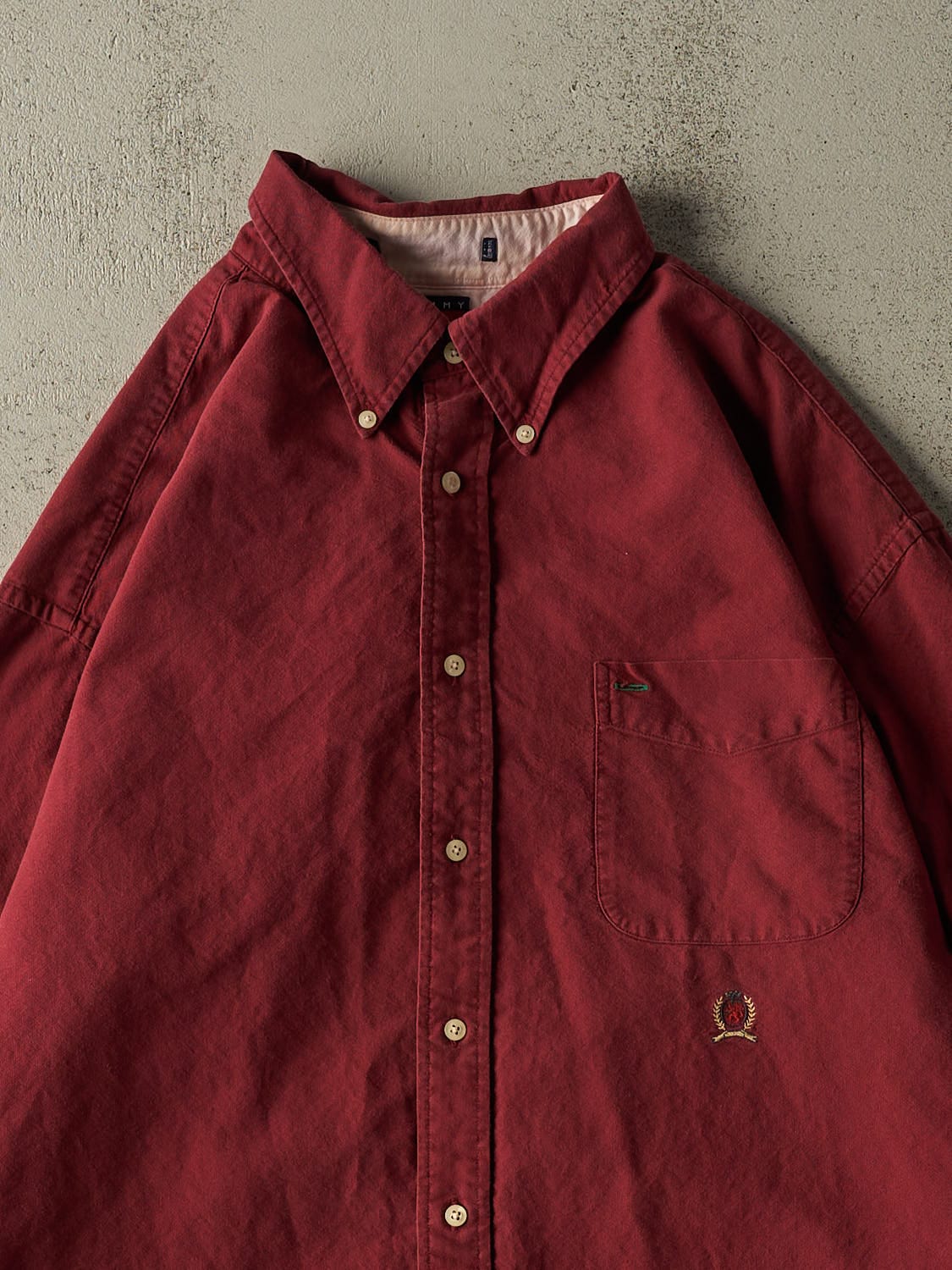 Vintage 90s Burgundy Tommy Hilfiger Button Up Long Sleeve (XXL) - Image 2