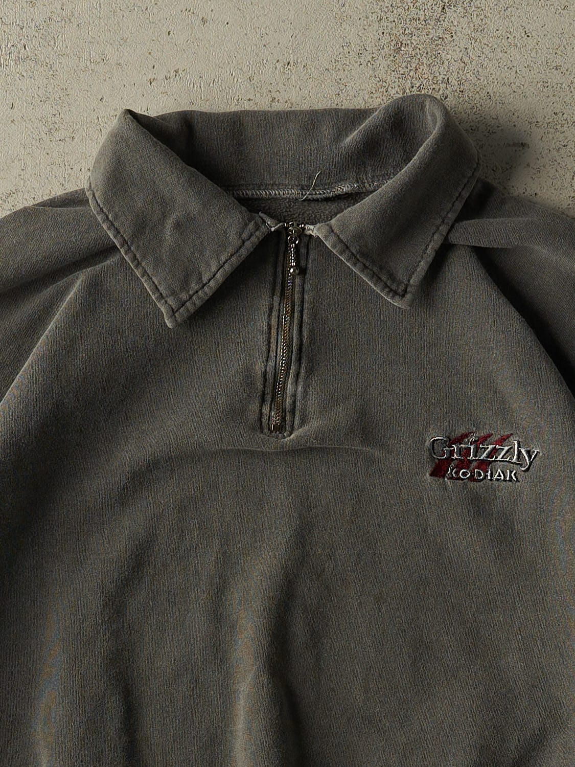 Vintage 90s Faded Charcoal Grey Kodiak Quarter Zip Sweater (XL) - Image 2