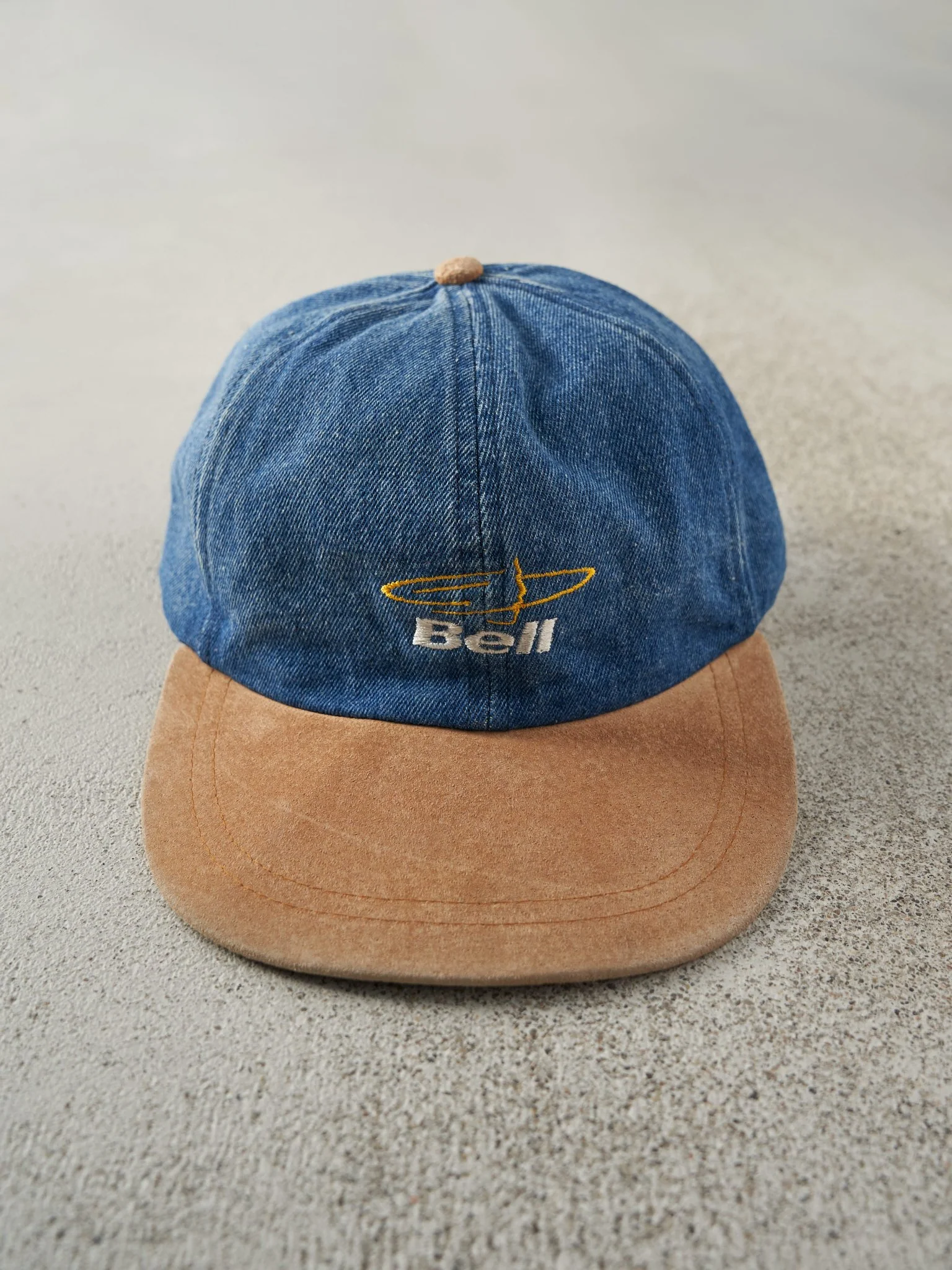 Vintage 90s Denim Embroidered Bell Leather Strapback Hat