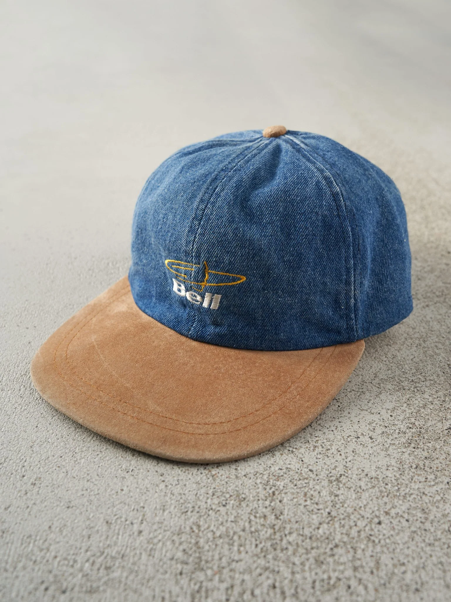 Vintage 90s Denim Embroidered Bell Leather Strapback Hat - Image 2