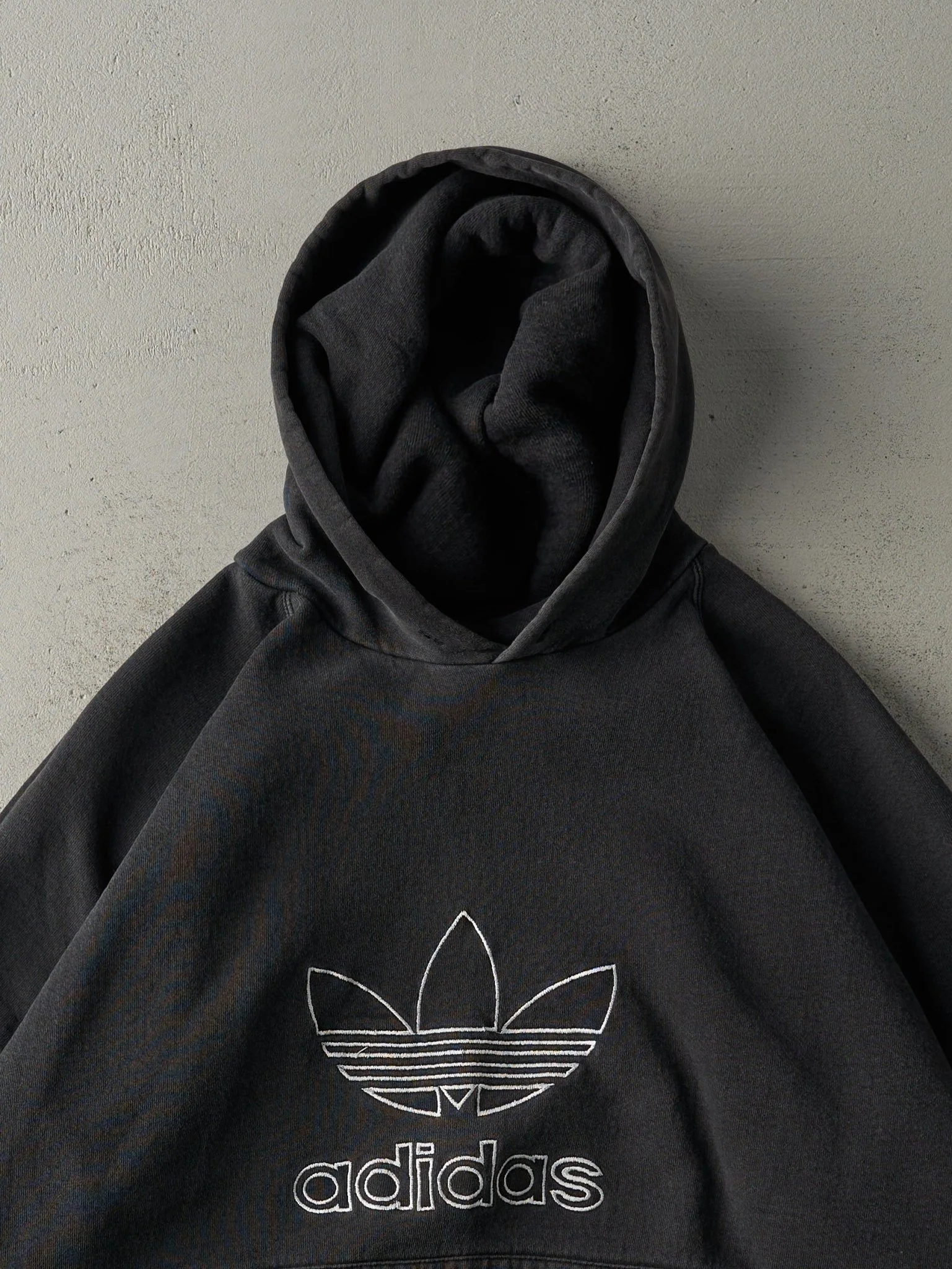 Vintage 90s Faded Black Adidas Embroidered Hoodie (L/XL) - Image 2