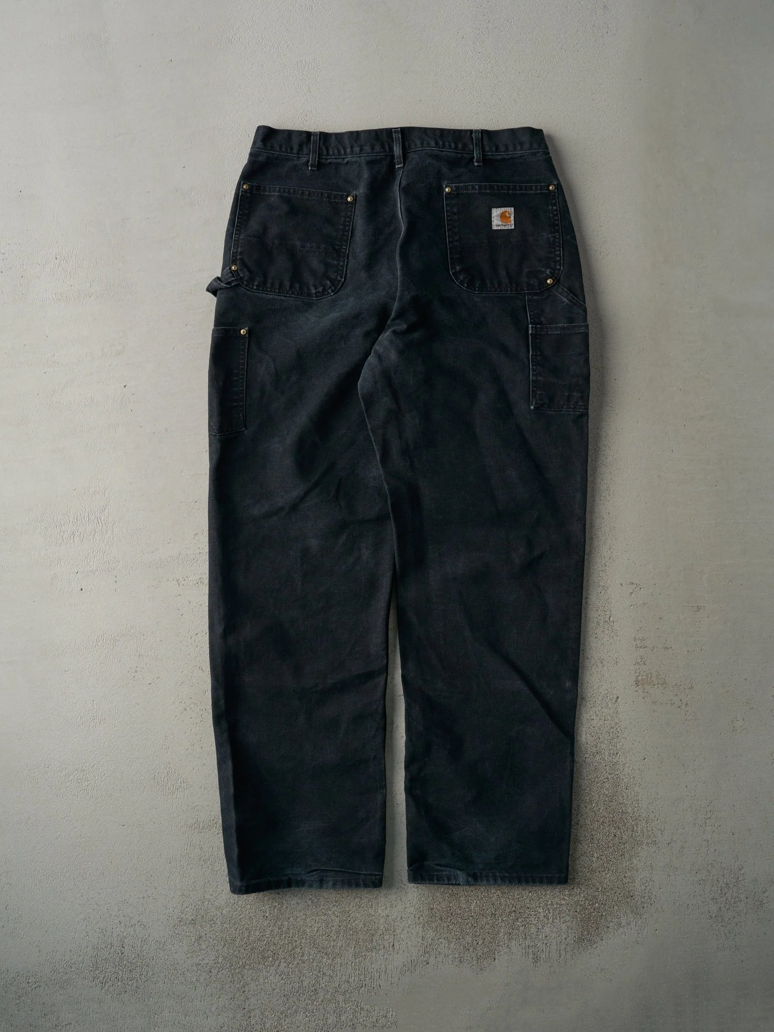 Vintage 90s Faded Black Carhartt Double Knee Carpenter Pants (36x32) - Image 2