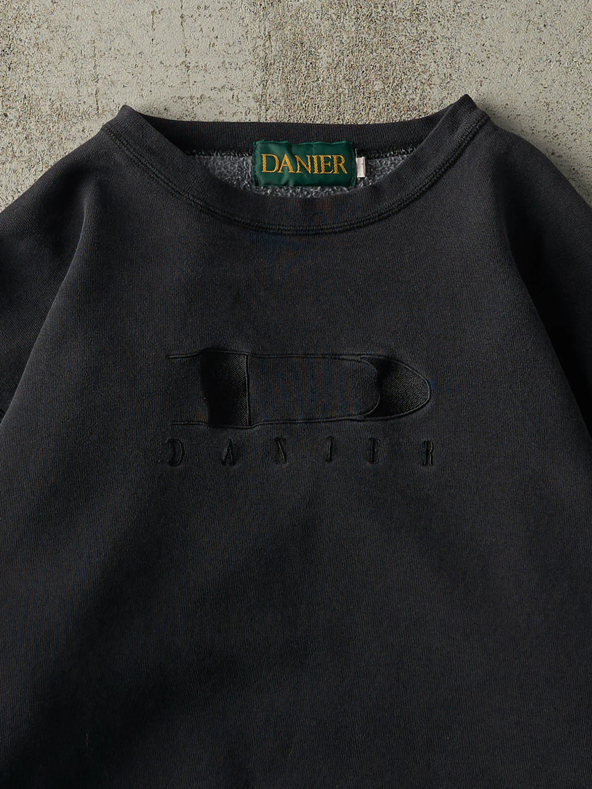 Vintage 90s Faded Black Danier Embroidered Logo Crewneck (M/L) - Image 2