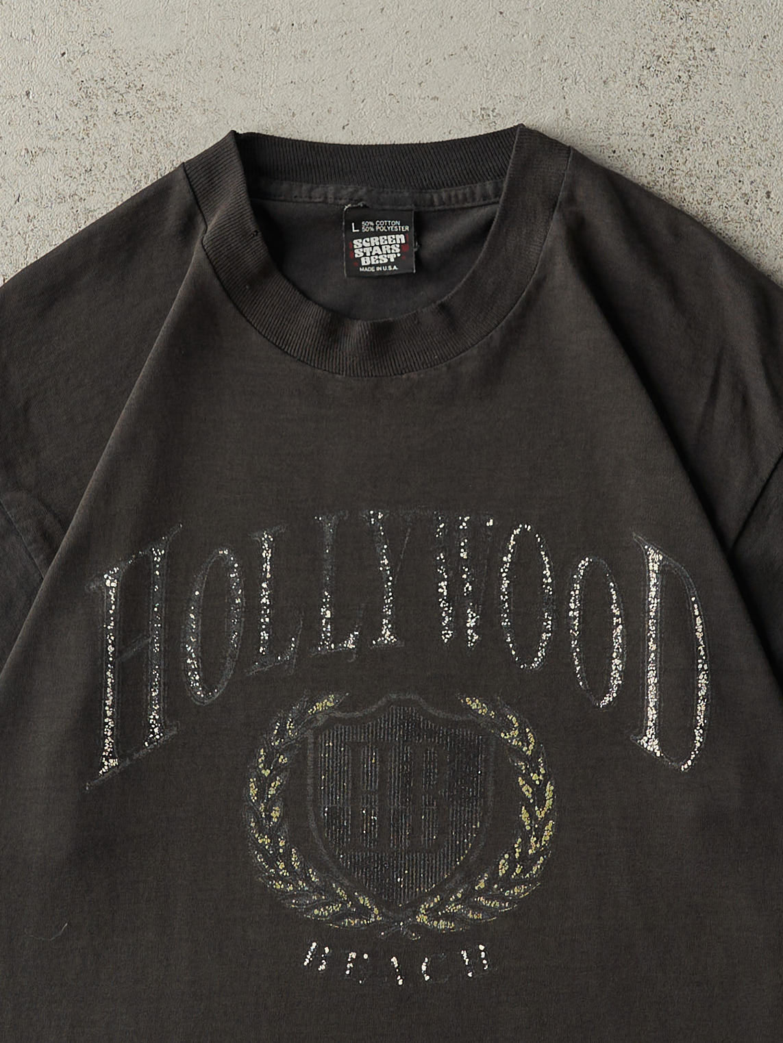 Vintage 90s Faded Black Hollywood Beach Single Stitch Tee (M/L) - Image 2