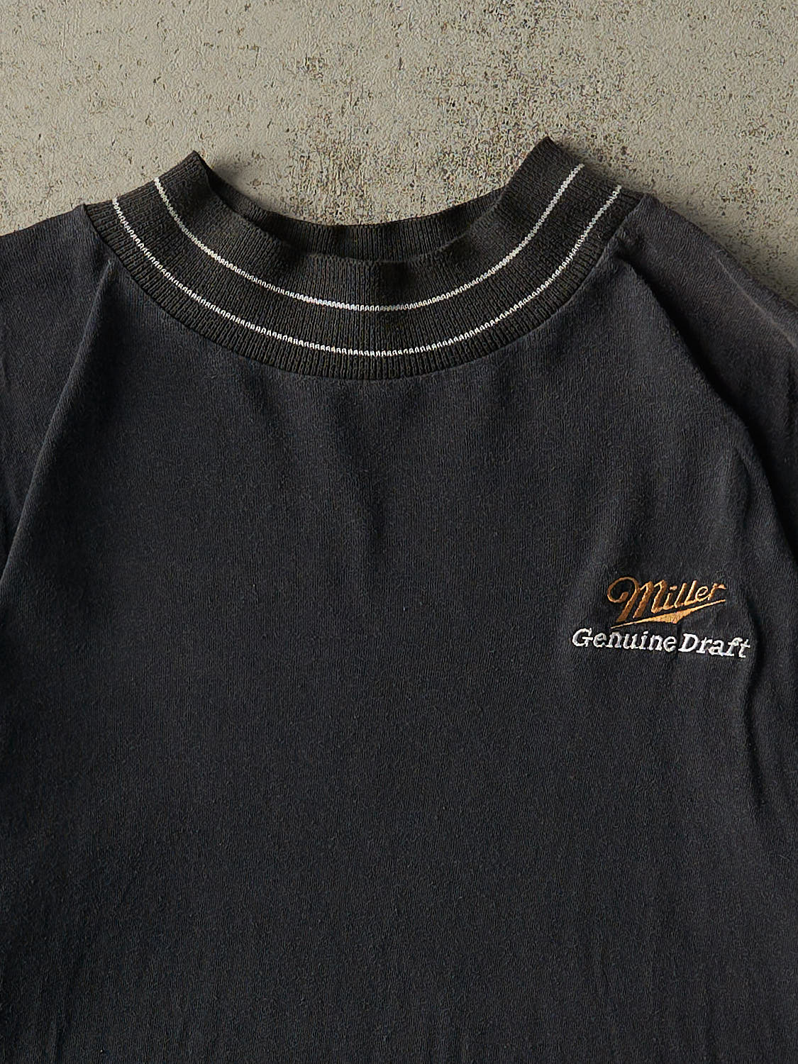 Vintage 90s Faded Black Miller Genuine Draft Embroidered Mock Neck Tee (XL) - Image 2