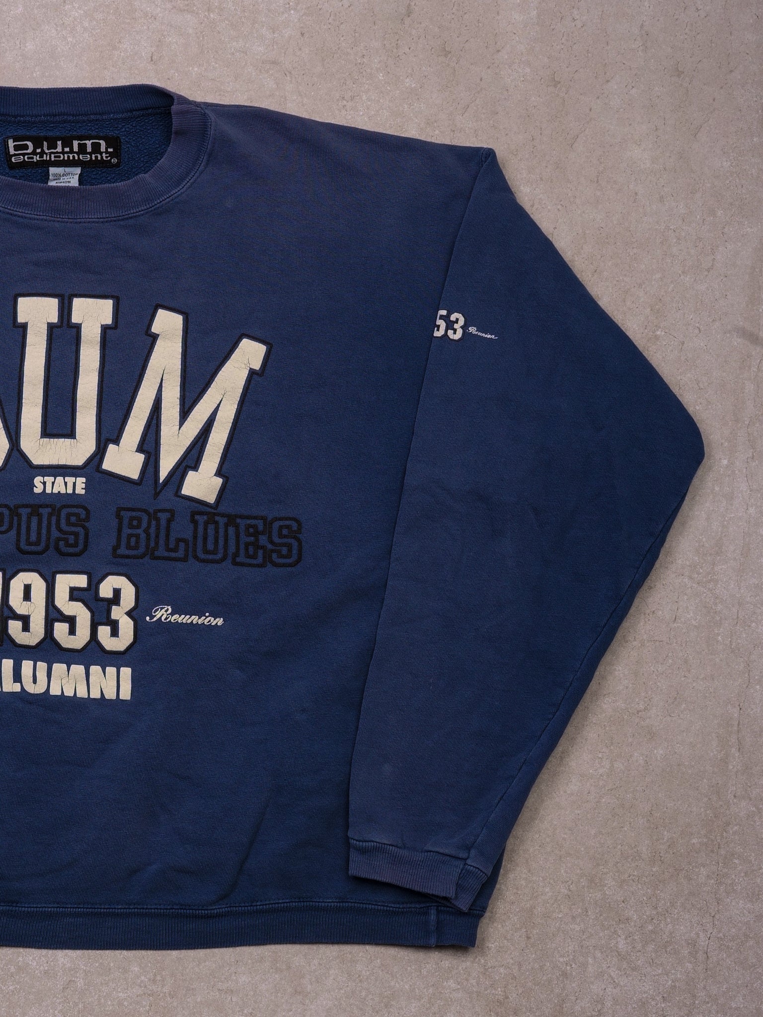 Vintage 90s Faded Navy Blue BUM Campus Blue Alumni Crewneck (L) - Image 2