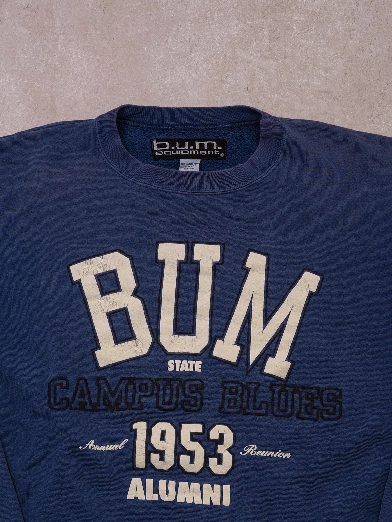 Vintage 90s Faded Navy Blue BUM Campus Blue Alumni Crewneck (L) - Image 3