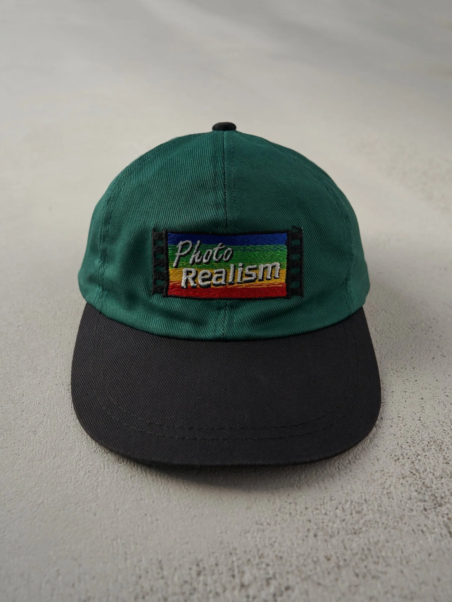 Vintage 90s Forest Green Canon Photo Realism Embroidered Leather Strapback Hat