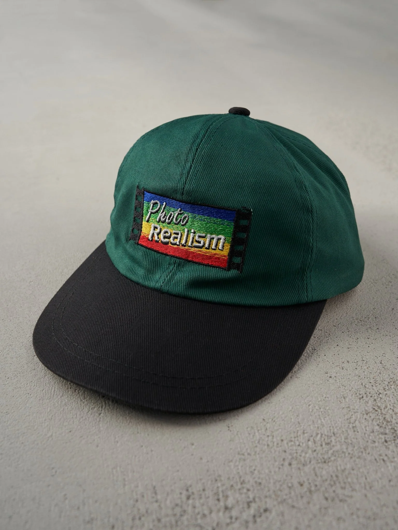 Vintage 90s Forest Green Canon Photo Realism Embroidered Leather Strapback Hat - Image 2