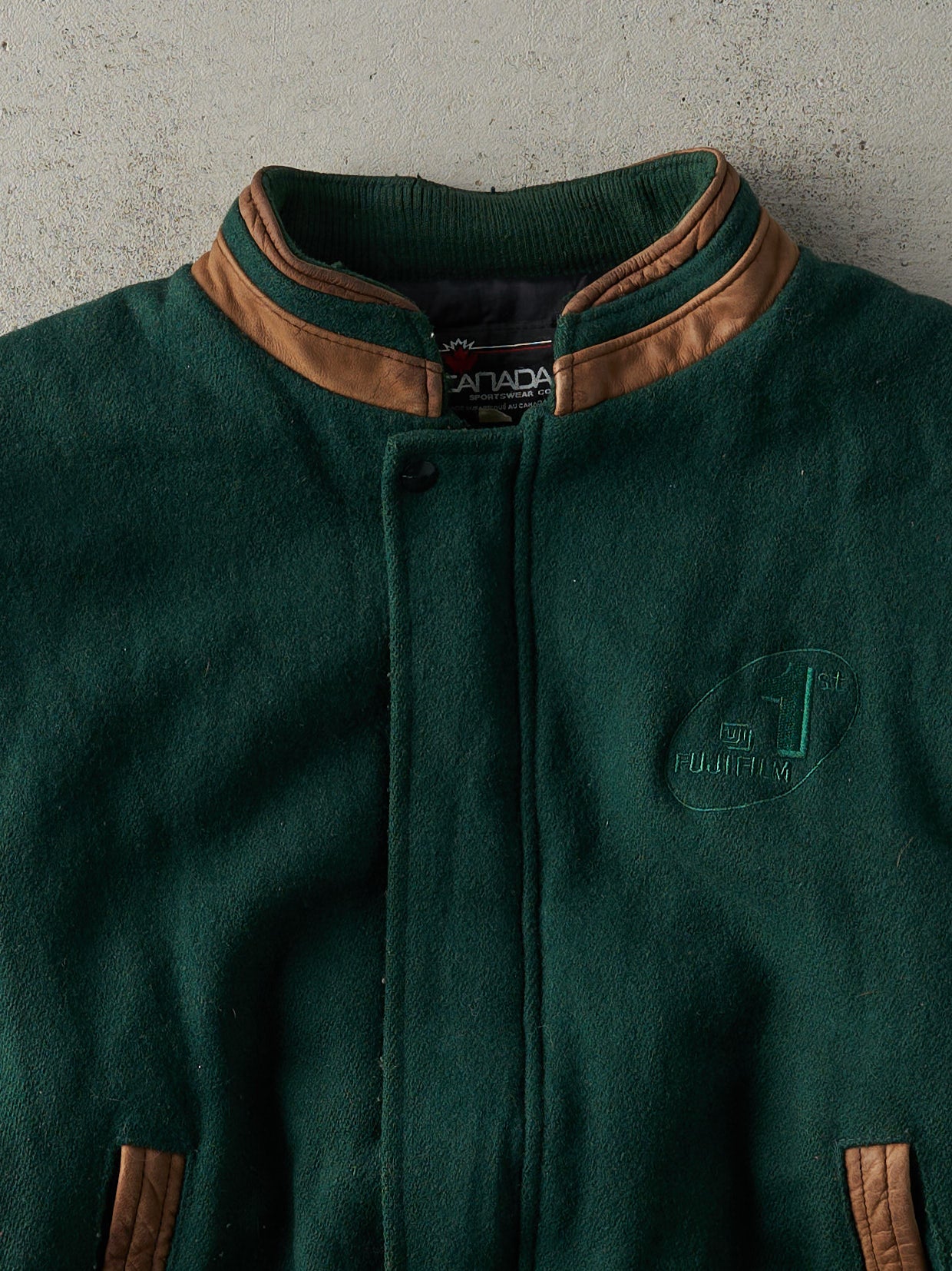Vintage 90s Forest Green Leather and Wool Embroidered Jacket (M/L) - Image 3