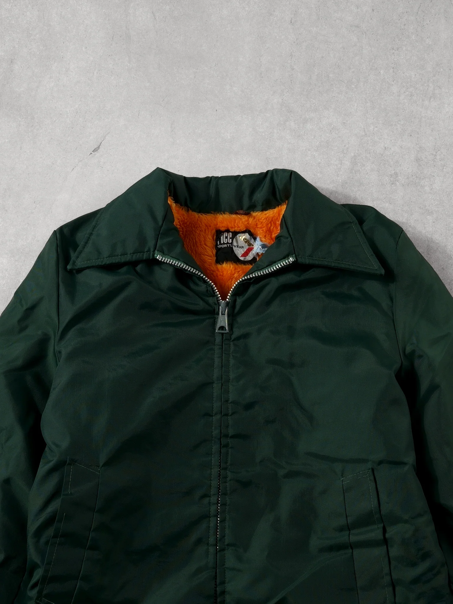 Vintage 70s Forest Green Sportswear Lined Collared Bomber Jacket (L) - Image 2