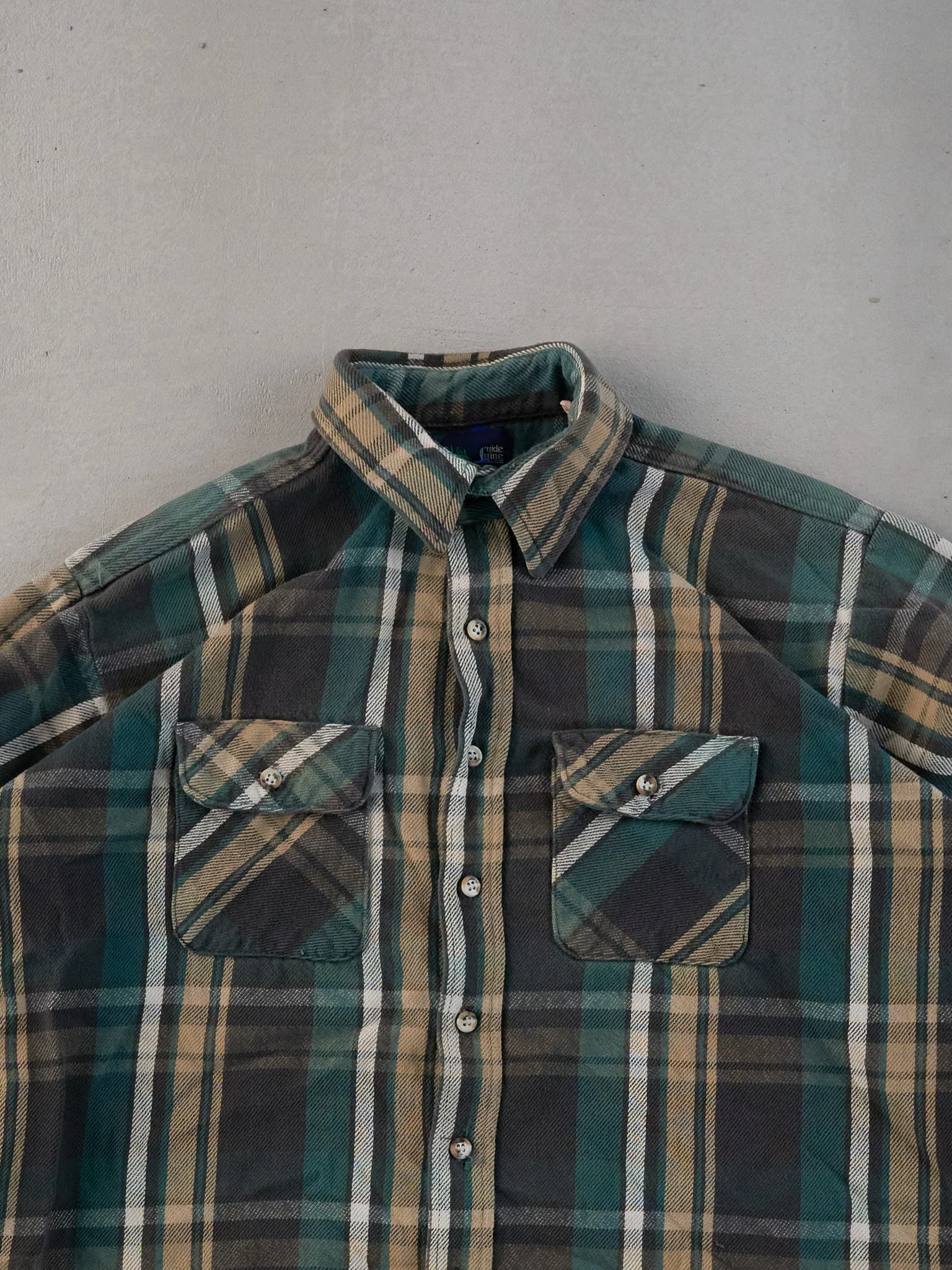 Vintage 90s Green and Beige Flannel Collared Button Up (L) - Image 2