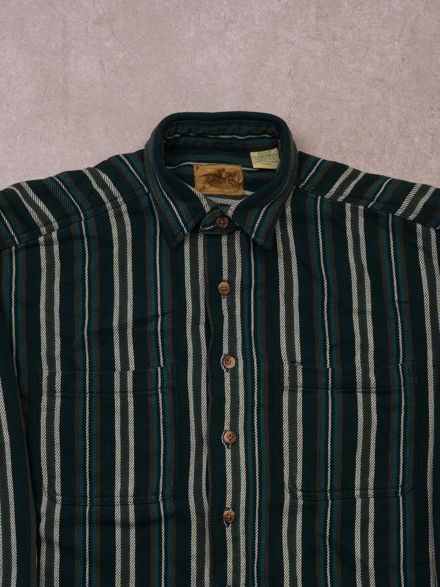 Vintage 90s Green, Brown, and White Stripe Collared Button Up (M/L) - Image 2