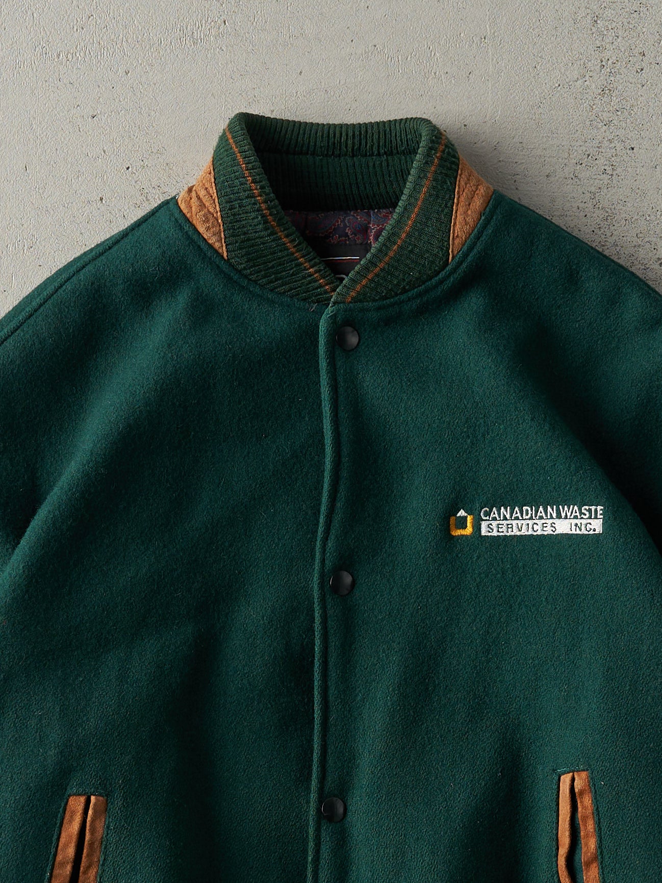 Vintage 90s Green & Brown Canadian Waste Services Wool Varsity Jacket (M) - Image 2