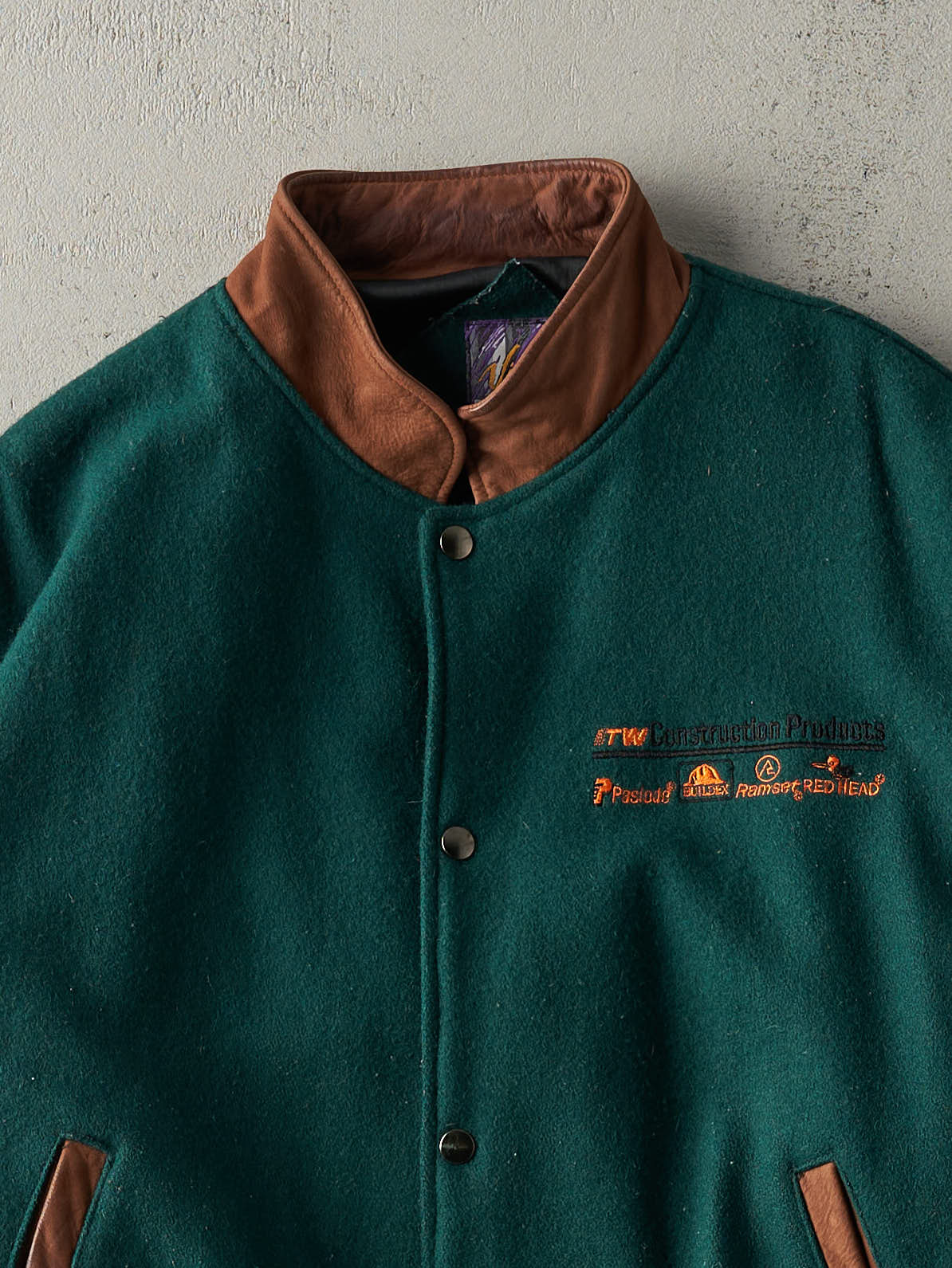 Vintage 90s Green Embroidered ITW Construction Varsity Jacket (L) - Image 2