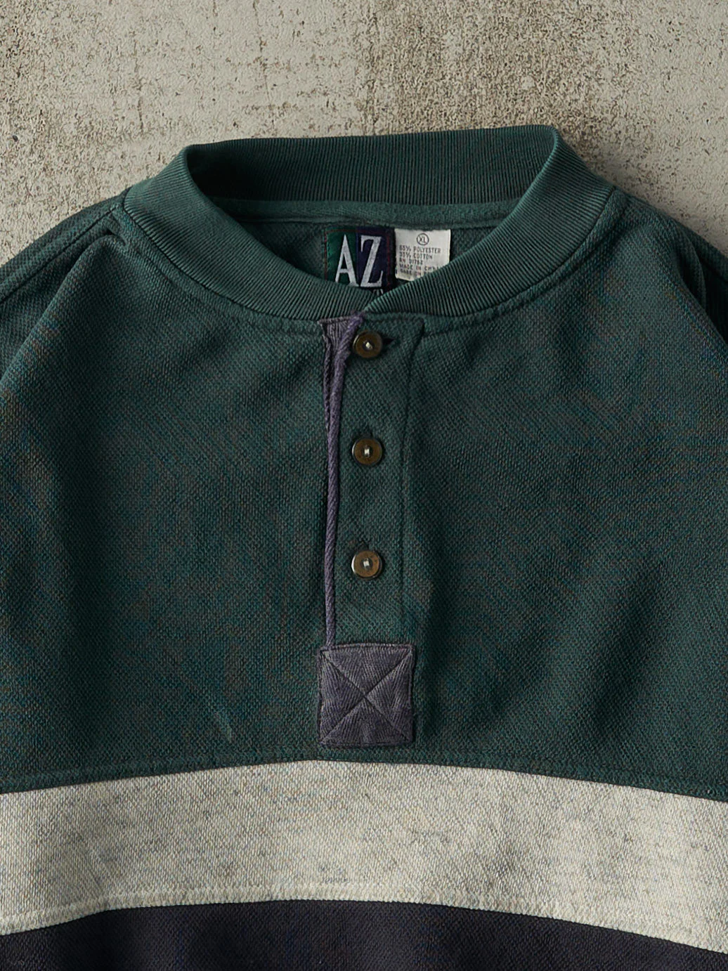 Vintage 90s Green, Grey & Navy Quarter Button Boxy Pullover (L/XL) - Image 2