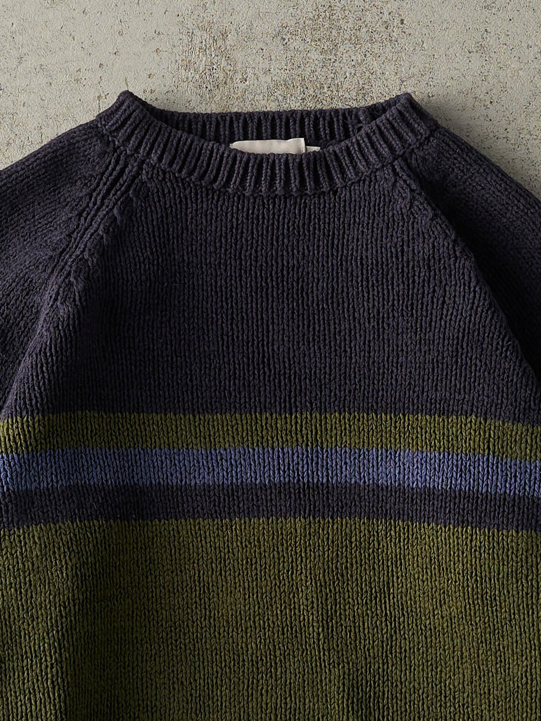 Vintage 90s Green & Navy Striped Knit Pullover (M) - Image 2