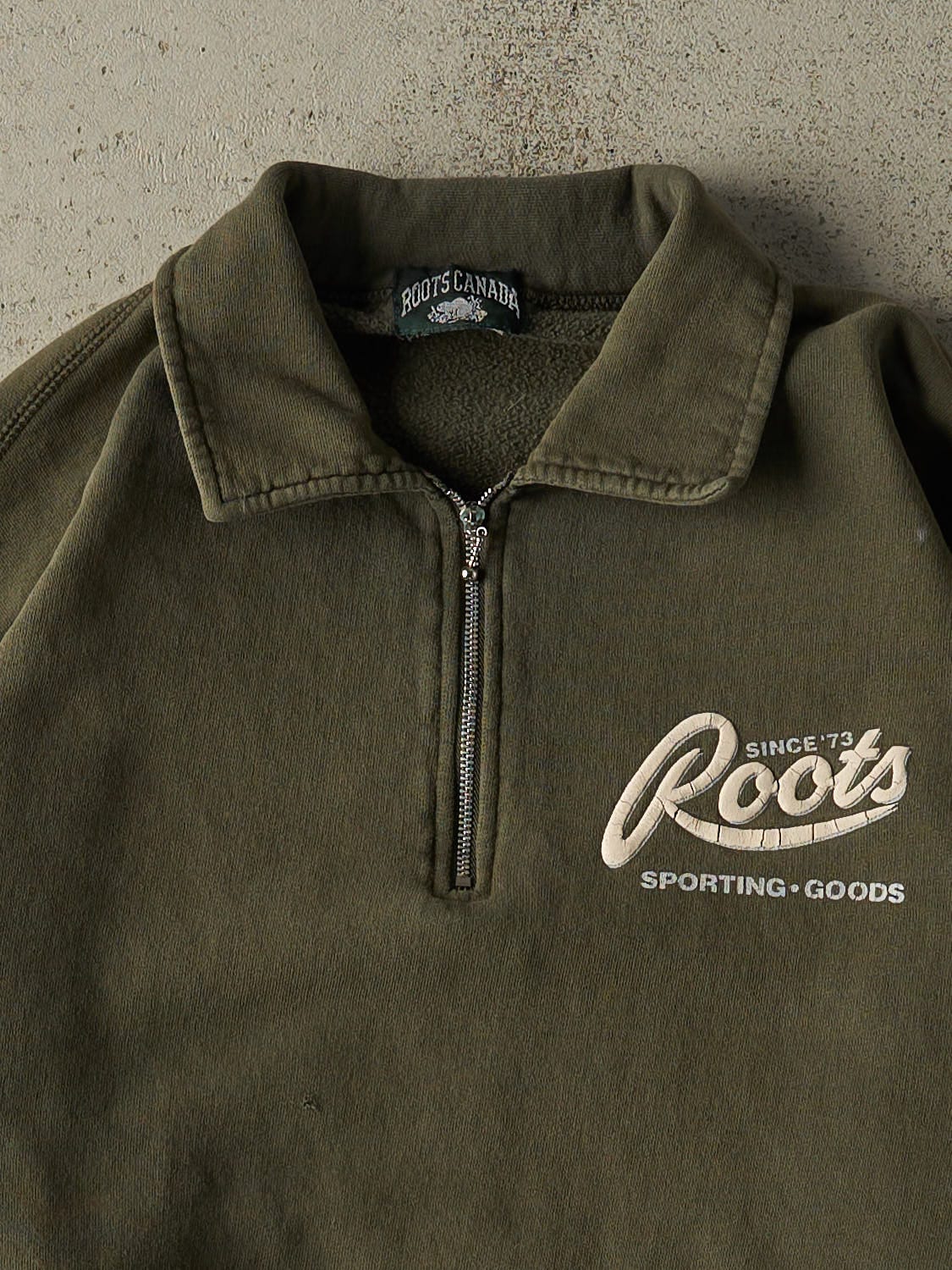 Vintage 90s Green Roots Quarter Zip Sweater (L) - Image 2