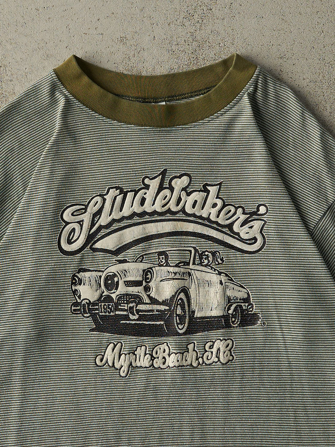 Vintage 90s Green Studebaker's Striped Tee (L/XL) - Image 2