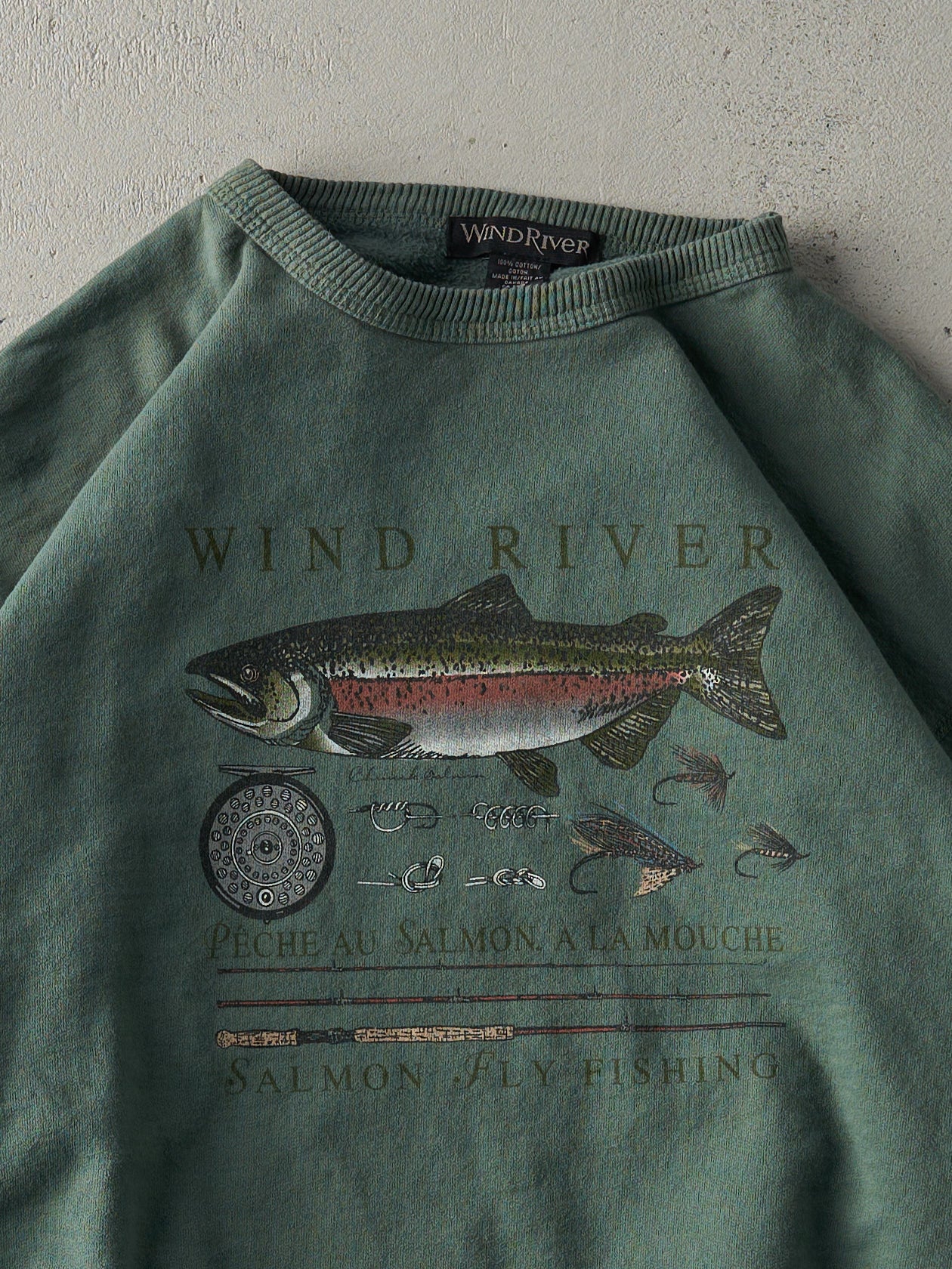 Vintage 90s Green Wind River Salmon Fly Fishing Crewneck (L) - Image 2