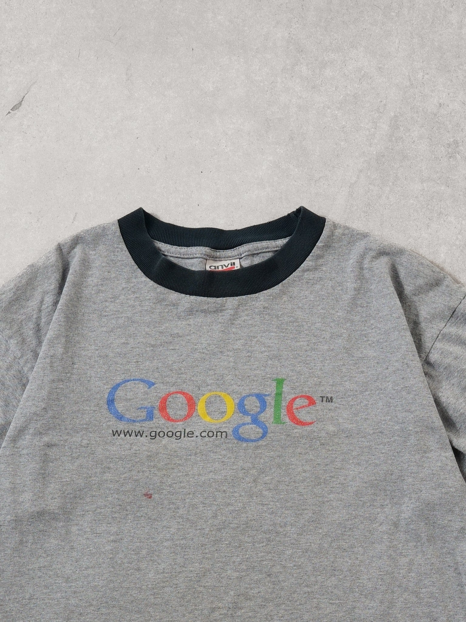 Vintage 90s Grey and Navy Blue Google "I'm Feeling Lucky" Tee (M) - Image 3