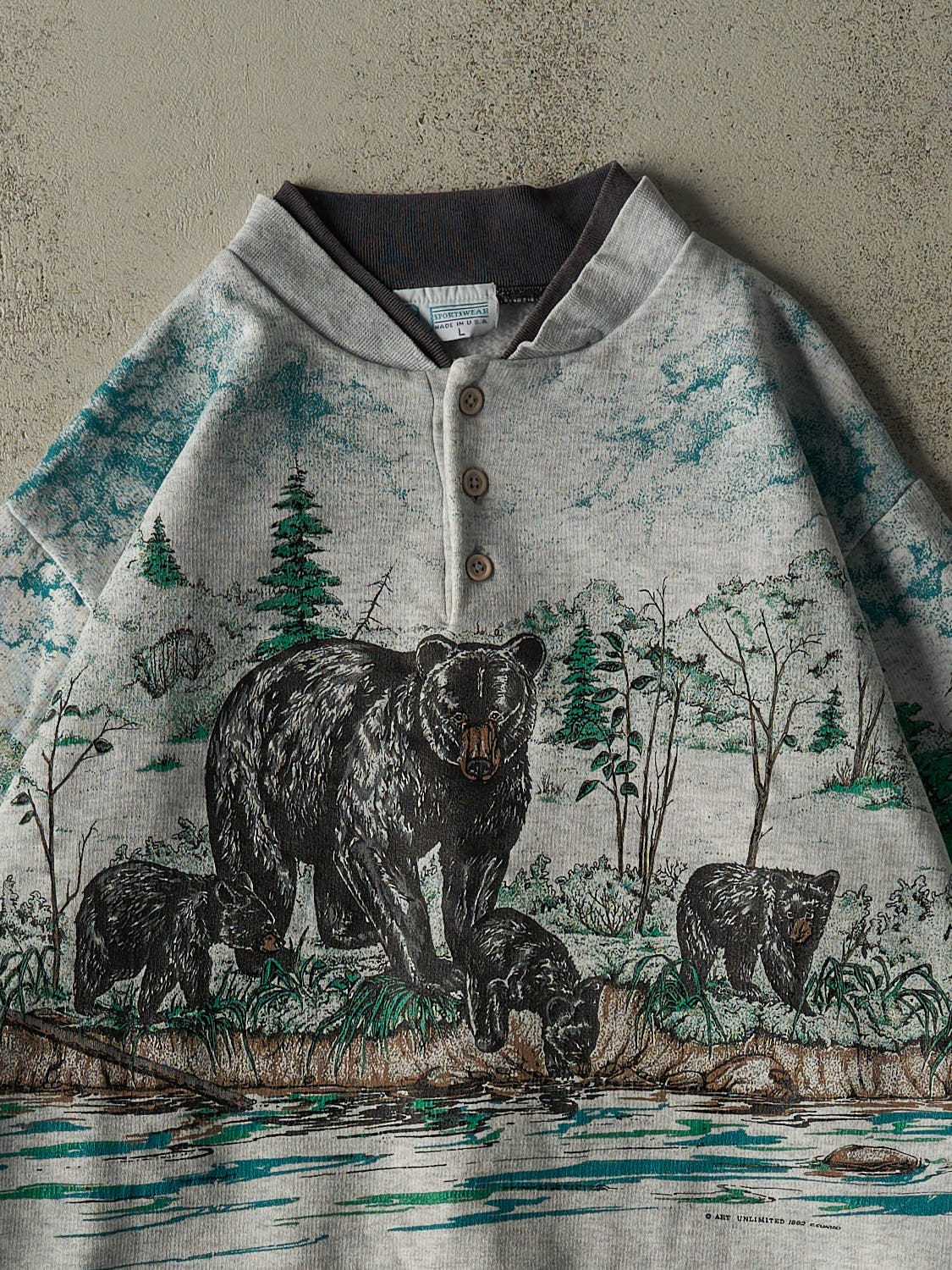 Vintage 90s Grey Bear AOP Quarter Button Sweater (M/L) - Image 3