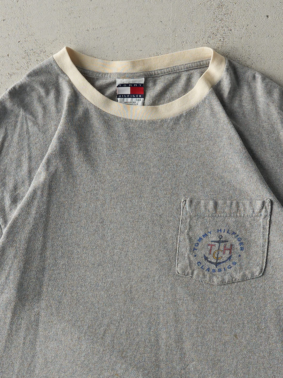 Vintage 90s Grey & Beige Tommy Hilfiger Classics Pocket Tee (L) - Image 3