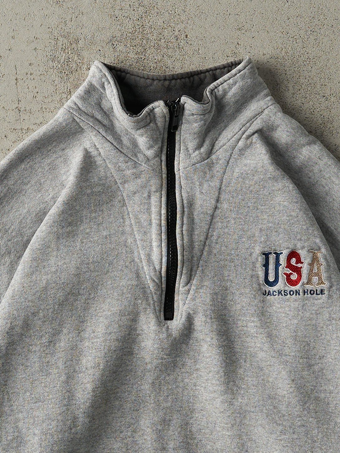 Vintage 90s Grey Embroidered Jackson Hole Quarter Zip (L) - Image 2
