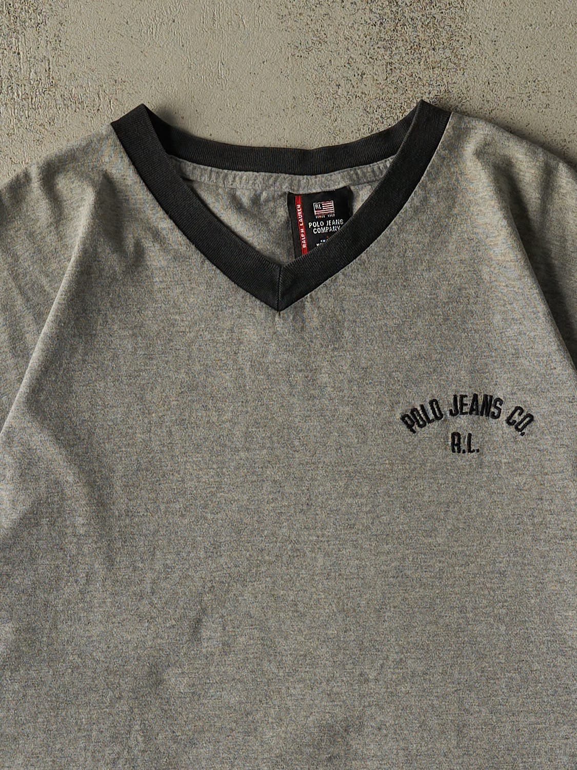 Vintage 90s Grey Polo Jeans Co Ralph Lauren Ringer Tee (L/XL) - Image 2