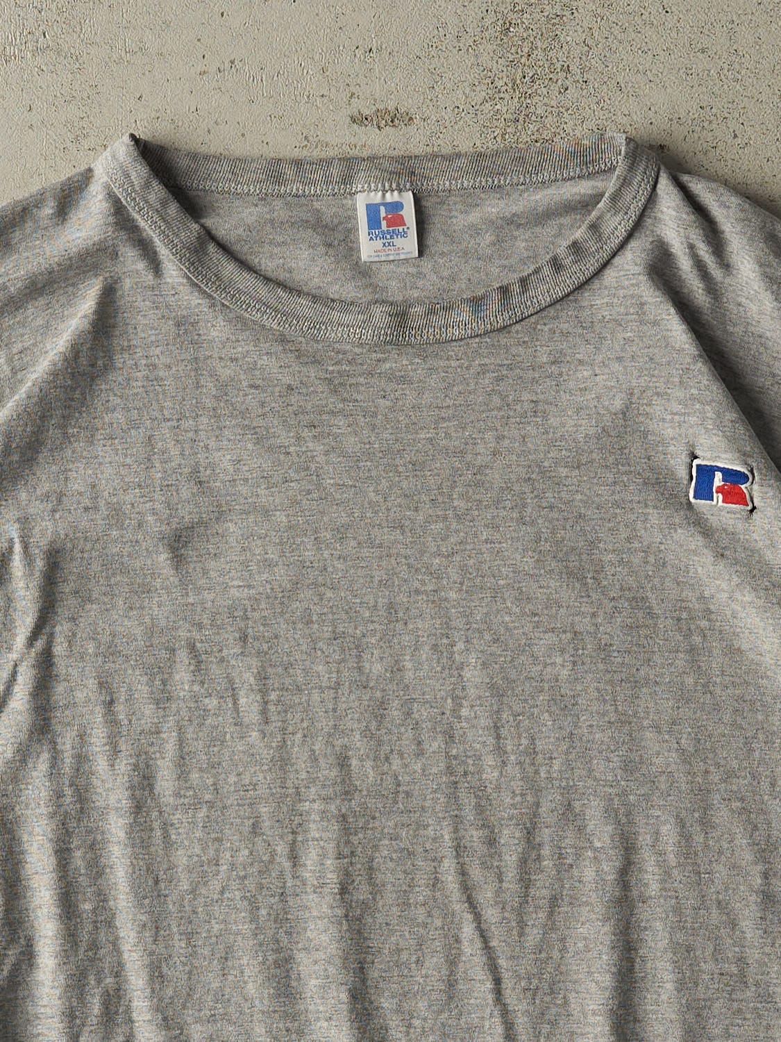 Vintage 90s Grey Russell Athletic Embroidered Tee (XL) - Image 2