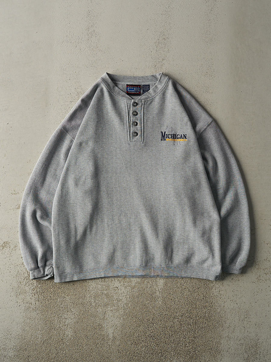 Vintage 90s Grey Textured Michigan Wolverines Quarter Button Crewneck (XL/XXL)