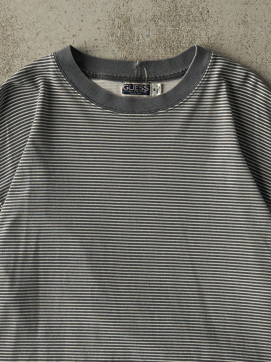 Vintage 90s Grey & White Guess Jeans Striped Tee (L/XL) - Image 2