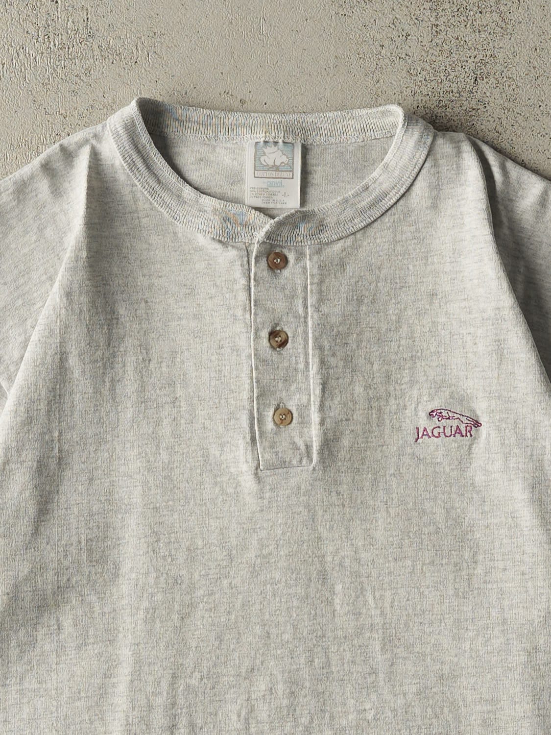 Vintage 90s Heather Grey Jaguar Quarter Button Tee (S/M) - Image 2