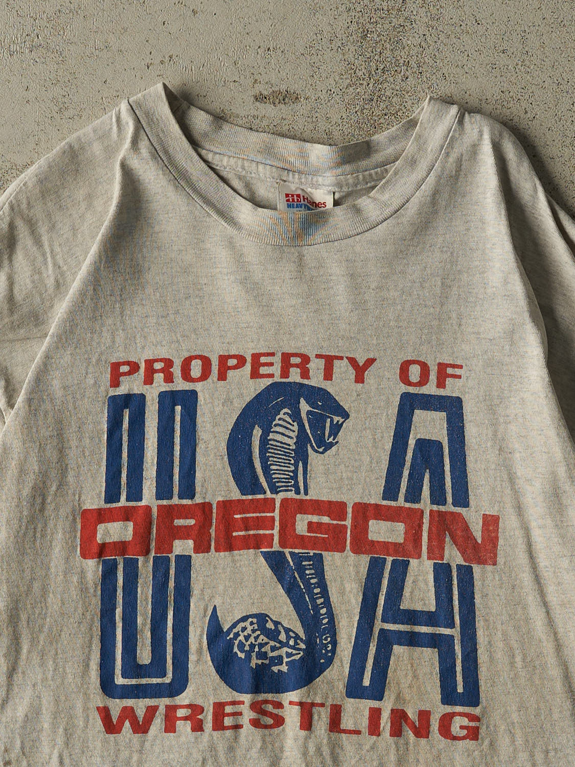 Vintage 90s Heather Grey Oregon Wrestling Single Stitch Tee (L) - Image 2