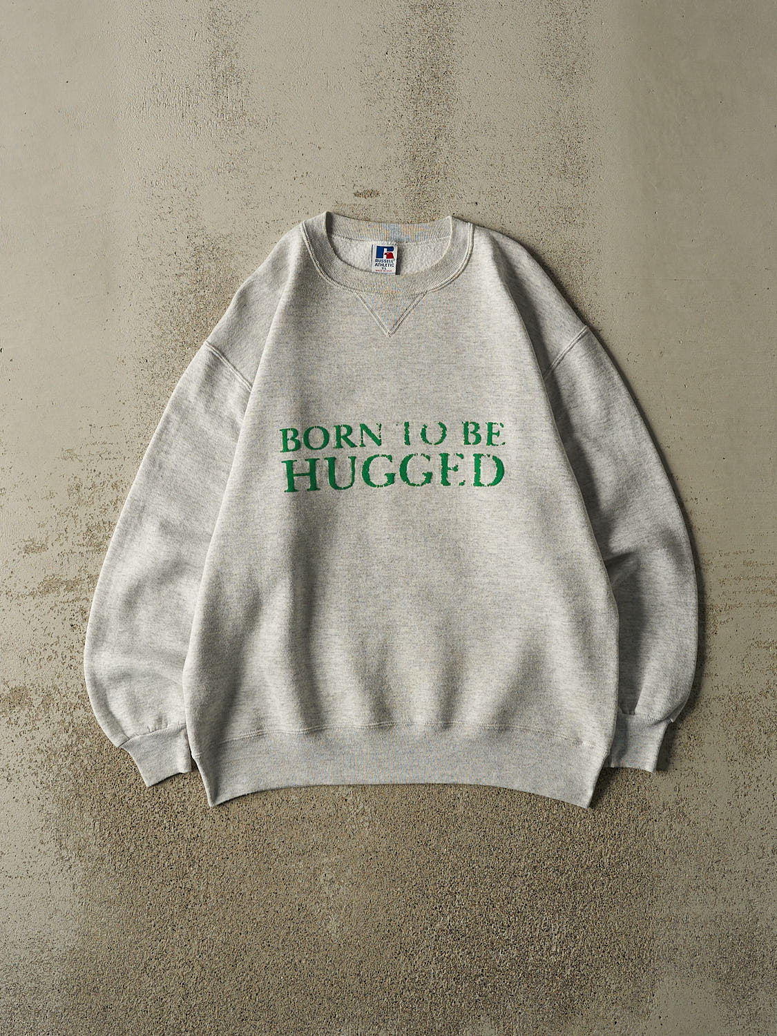 Vintage 90s Heather Grey Russell Athletic "Born To Be Hugged" Crewneck (L/XL)