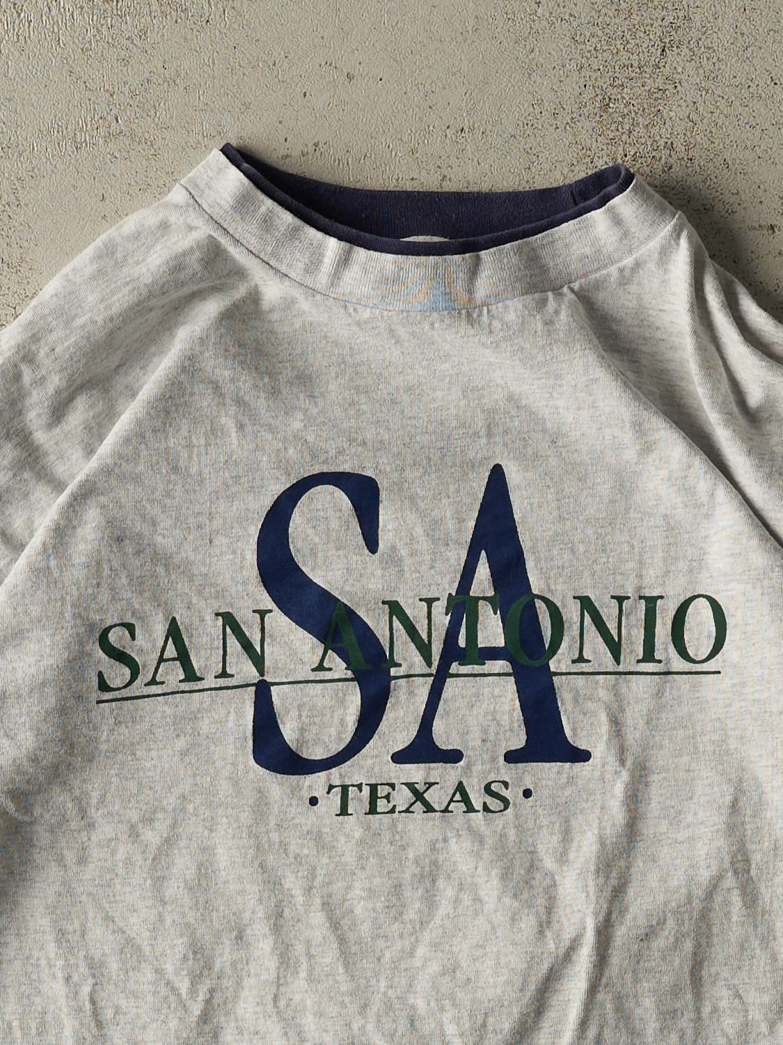Vintage 90s Heather Grey San Antonio Texas Embroidered Double Neck Tee (L/XL) - Image 2