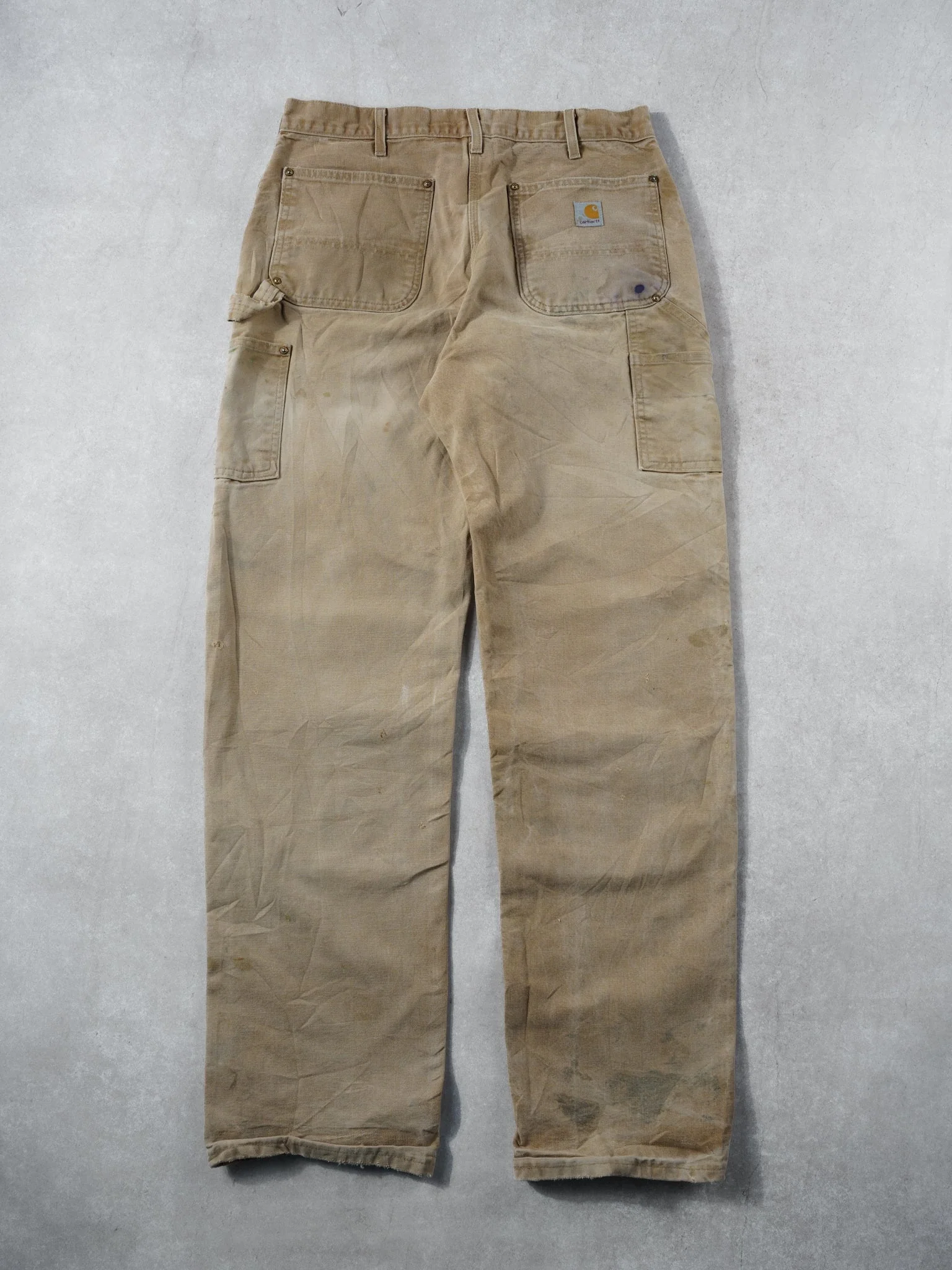 Vintage 90s Khaki Carhartt Dungeree Fit Distressed Double Knee Carpenter Pants (32x34) - Image 2