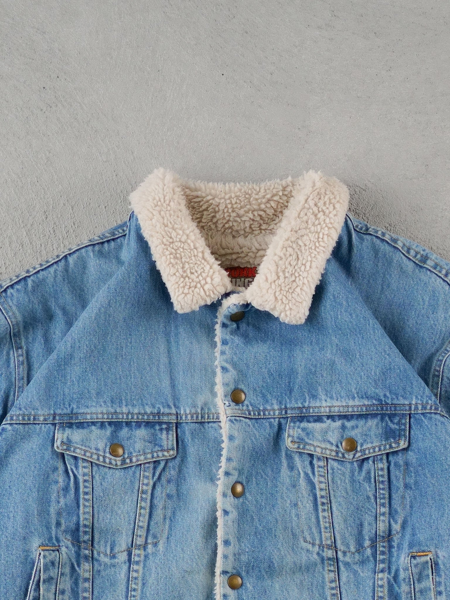 Vintage 90s Light Blue Work King Denim Sherpa Jacket (XL) - Image 2