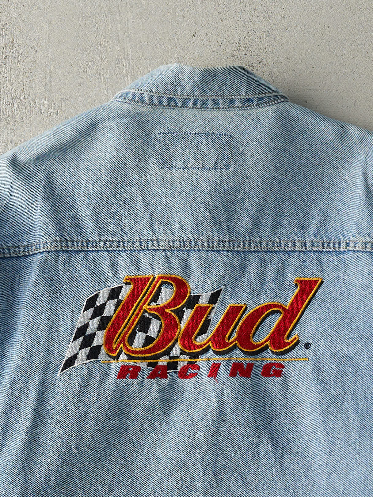 Vintage 90s Light Wash Dale Earnhardt Jr x Jeff Hamilton Nascar Bud Racing Denim Jacket (L/XL) - Image 4