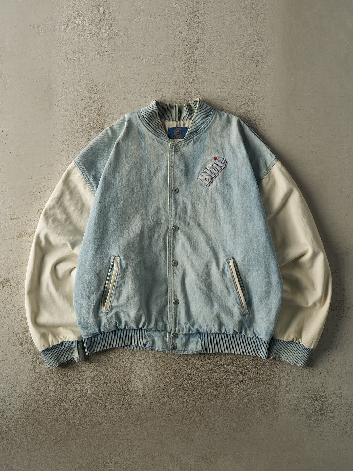 Vintage 90s Light Wash Labatt Blue Embroidered Varsity Bomber Jacket (L/XL)