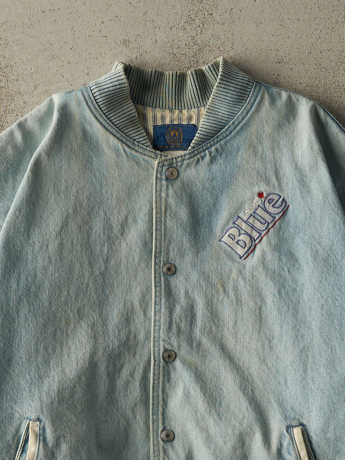 Vintage 90s Light Wash Labatt Blue Embroidered Varsity Bomber Jacket (L/XL) - Image 2
