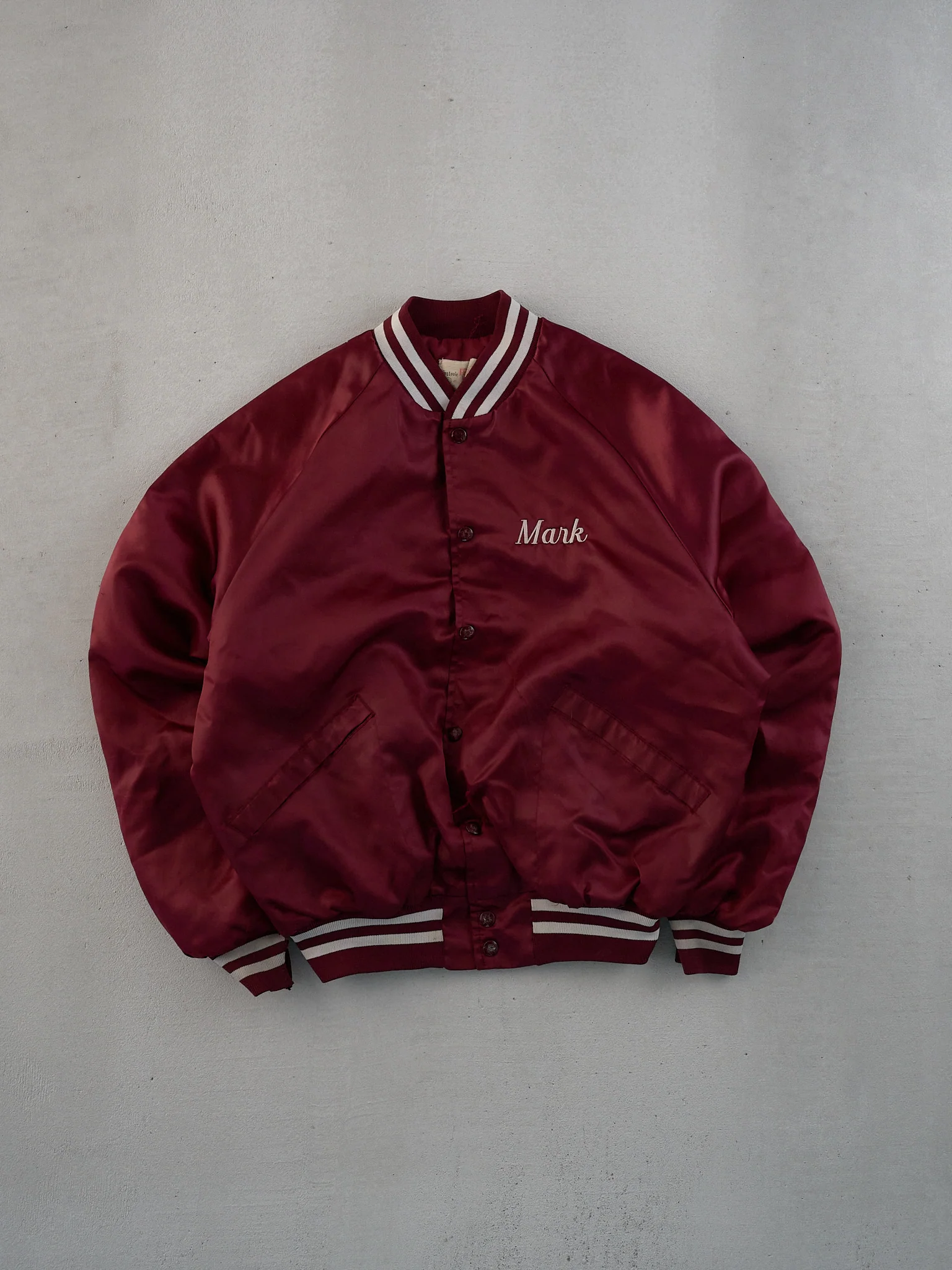 Vintage 90s Maroon Satin Tri Valley Wrestling Mark Bomber Jacket (L)