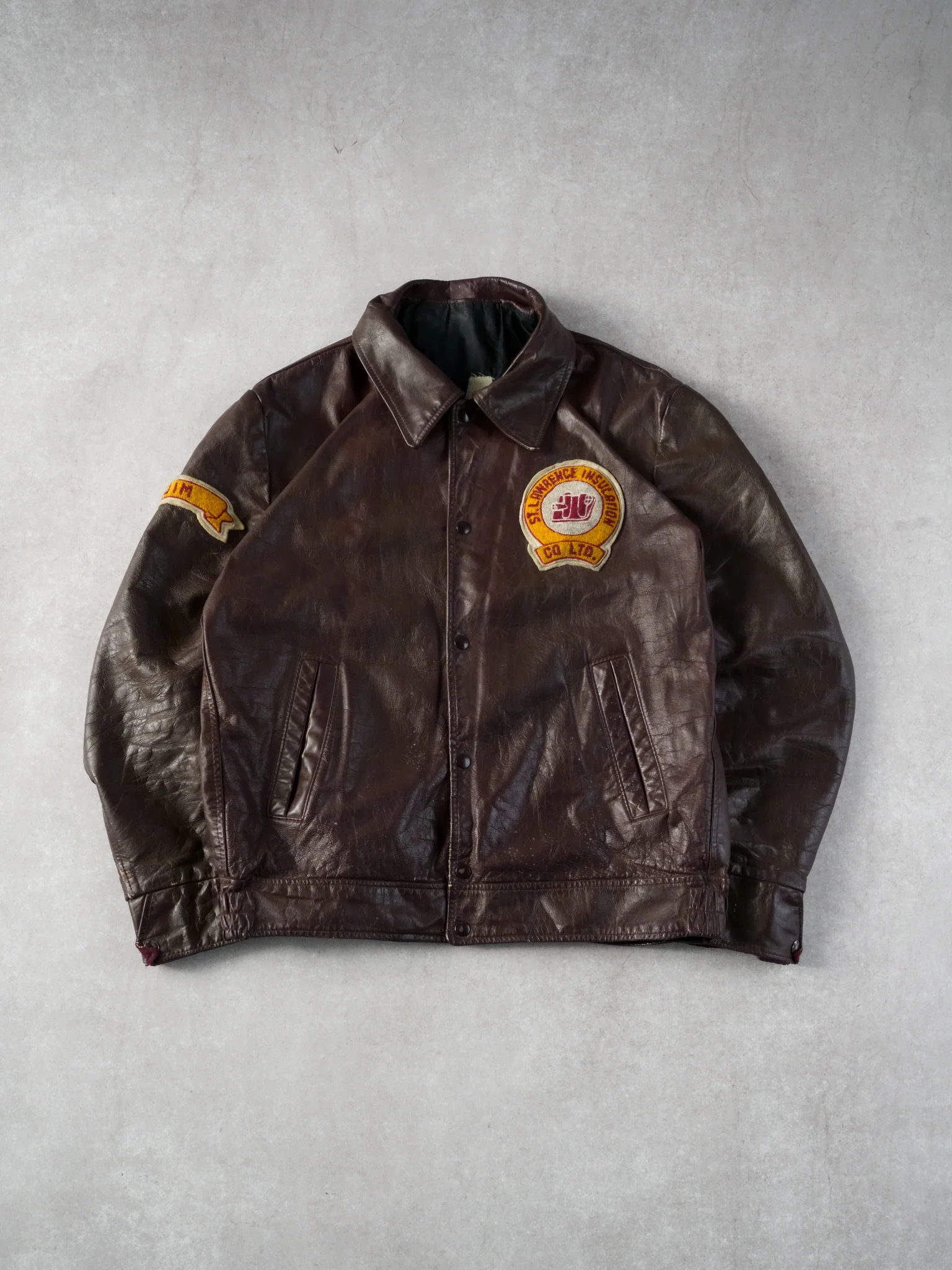 Vintage 70s Maroon St Lawrence Insulation Co Collared Leather Jacket (L)