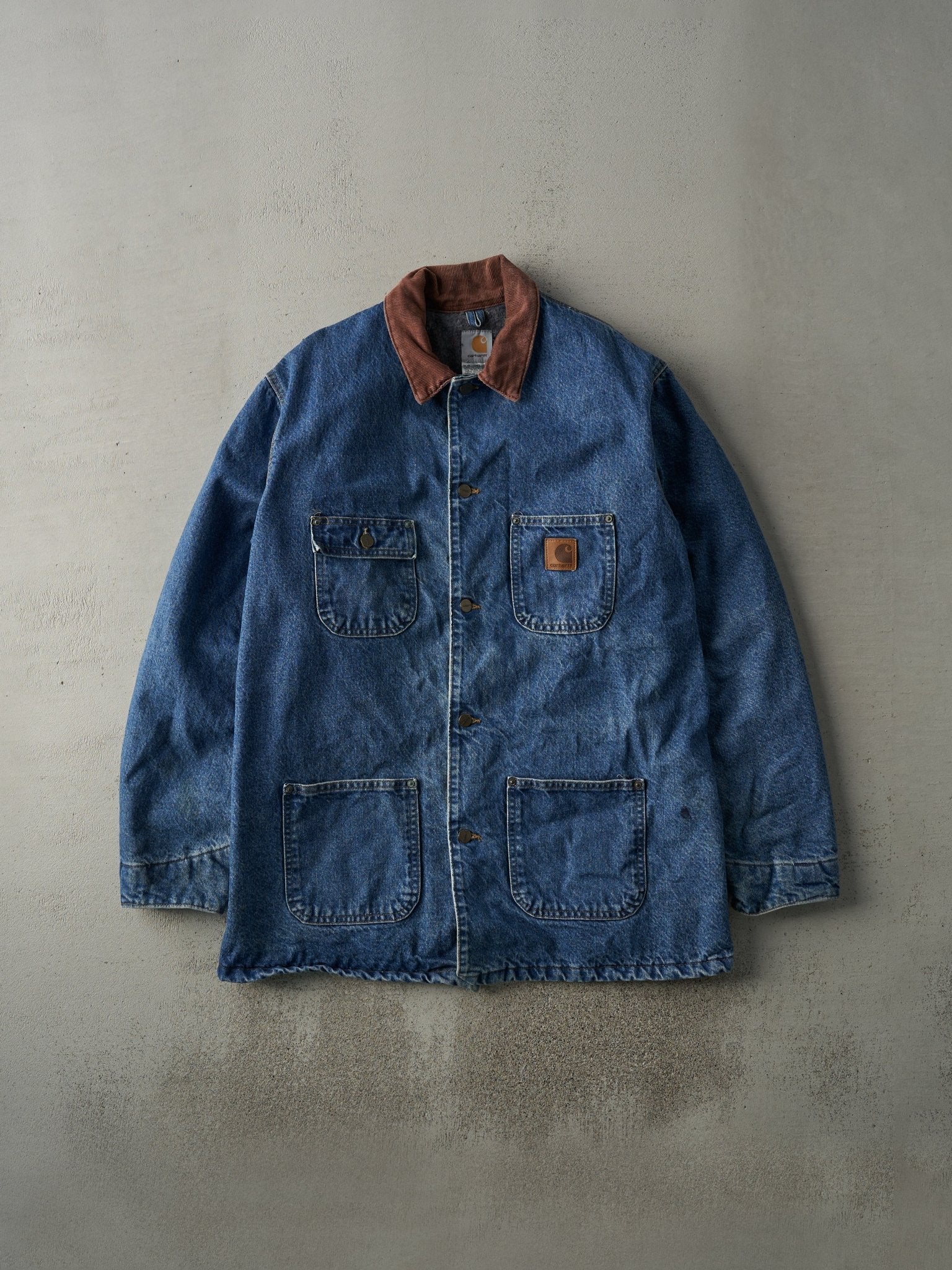 Vintage 90s Mid Wash Carhartt Blanked Lined Chore Denim Jacket (L)