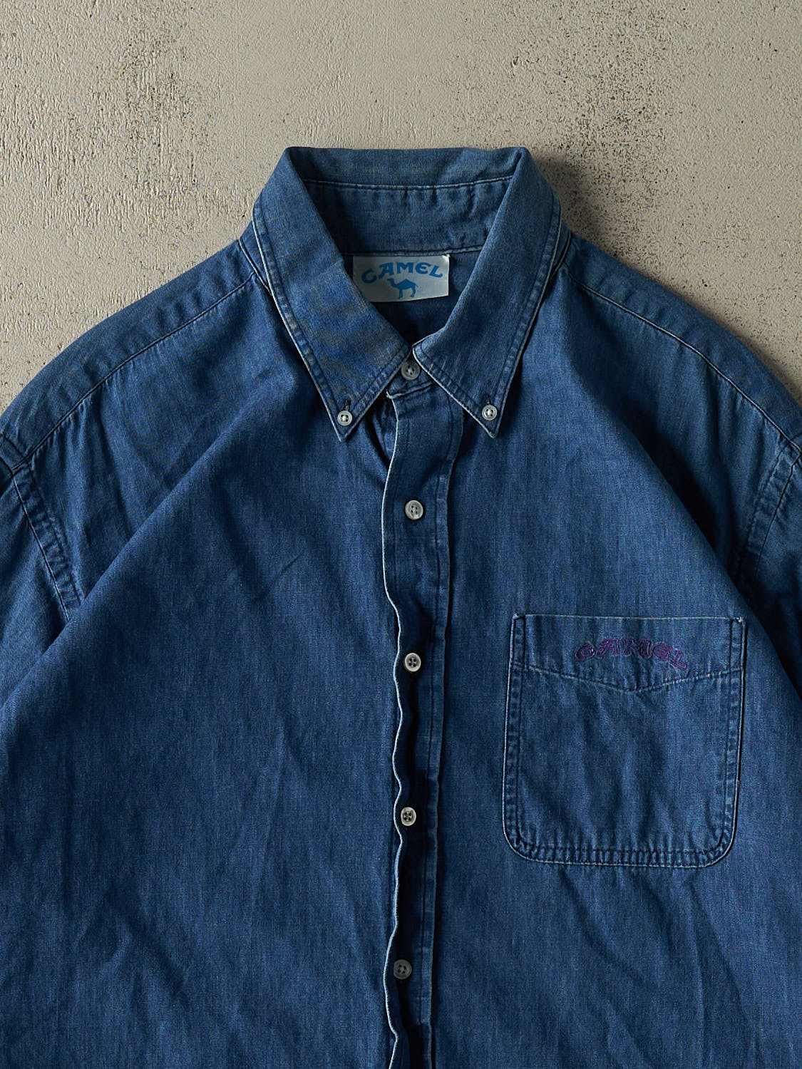 Vintage 90s Mid Wash Denim Camel Button Up Long Sleeve (XL/XXL) - Image 2