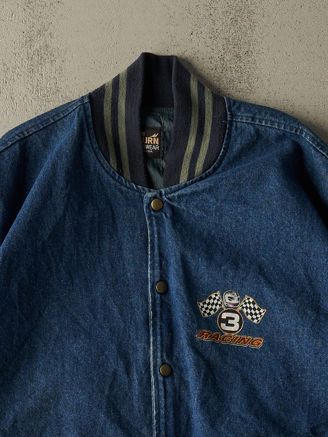 Vintage 90s Mid Wash Denim Racing Varsity Jacket (XXL/XXXL) - Image 3