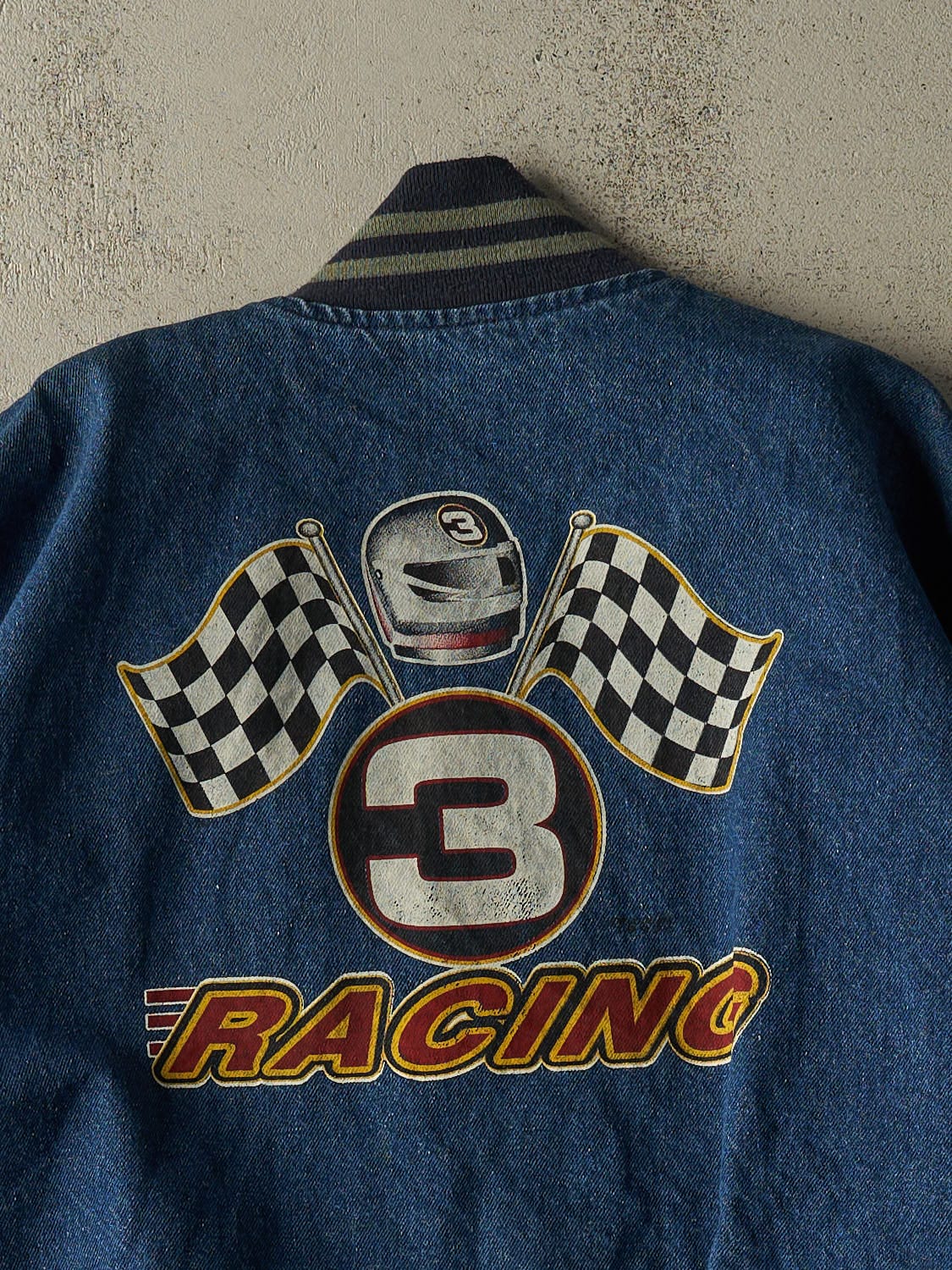 Vintage 90s Mid Wash Denim Racing Varsity Jacket (XXL/XXXL) - Image 4