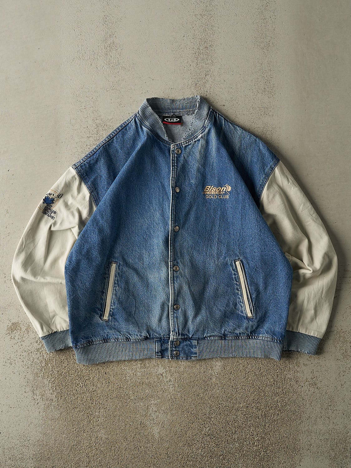 Vintage 90s Mid Wash Denim Embroidered Varsity Jacket (L/XL)